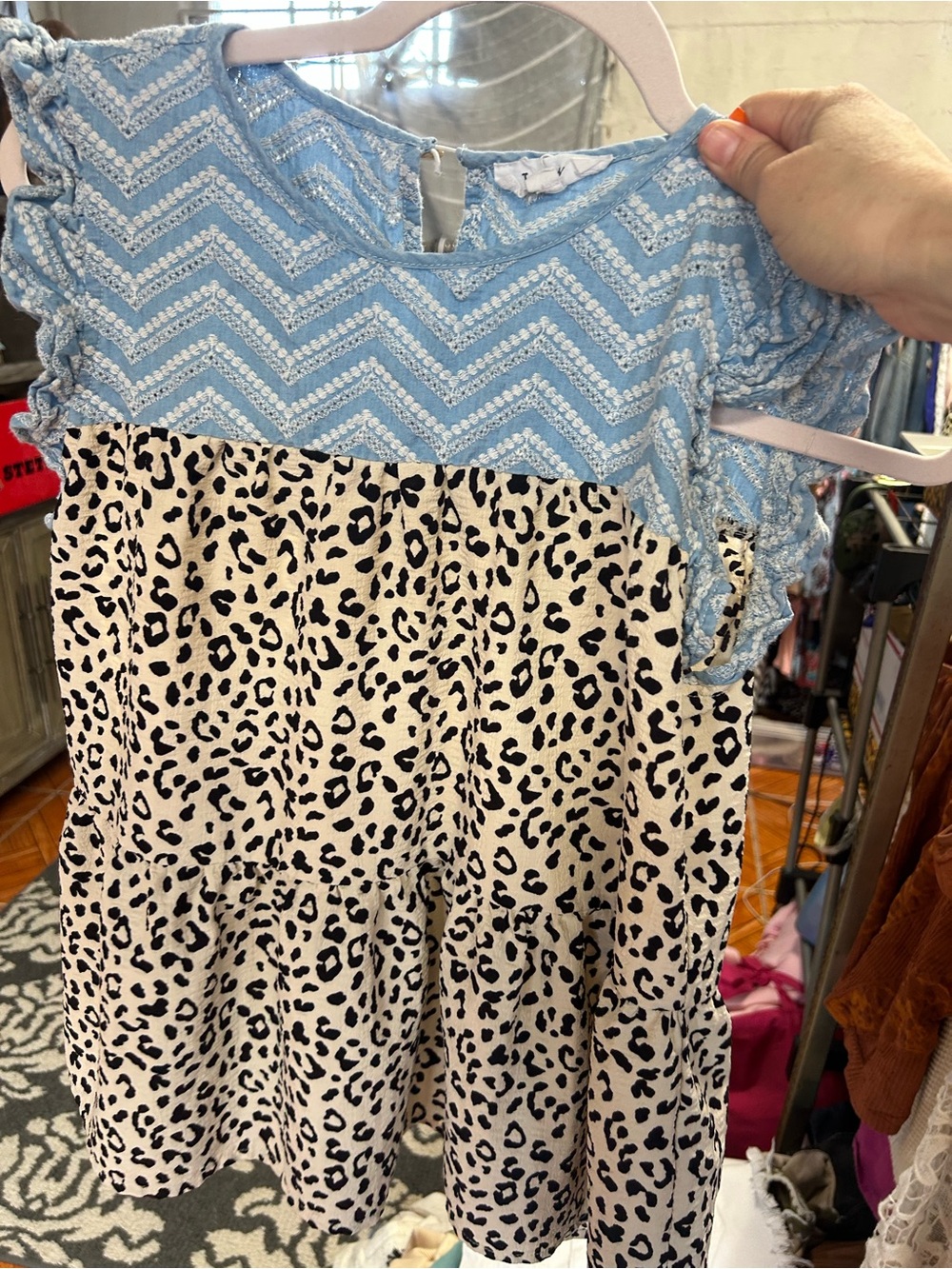 THML Blue Chevron & Cream Leopard Print Peplum Blouse
